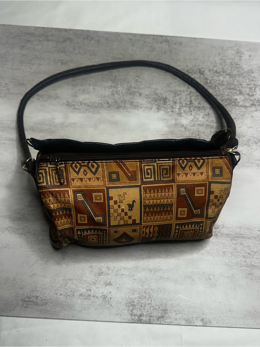Geometric Pattern Brown & Tan Shoulder Bag with Black Strap